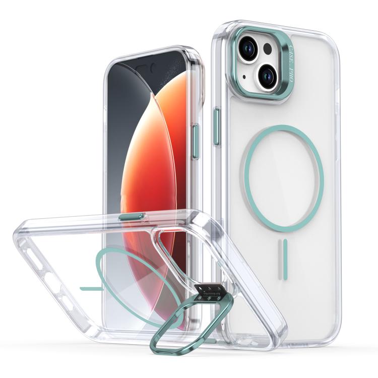 Funda para iPhone 15 Plus con marco de lente MagSafe transparente y brillante (azul)