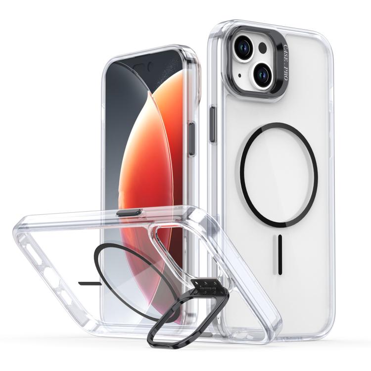 Funda para iPhone 15 con marco de lente MagSafe transparente y brillante (negro)