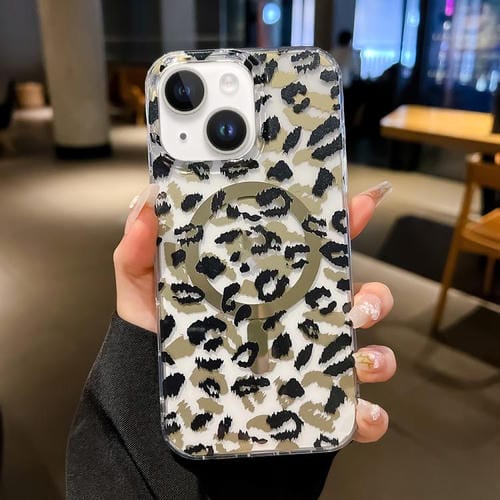 Funda Leopard MagSafe con laminado IMD de doble cara para iPhone 14 (negro y marrón)