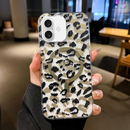 Funda Leopard MagSafe con laminado IMD de doble cara para iPhone 16 (negro y marrón)
