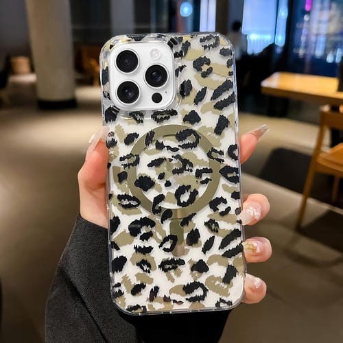 Funda Leopard MagSafe con laminado IMD de doble cara para iPhone 16 Pro Max (negro y marrón)