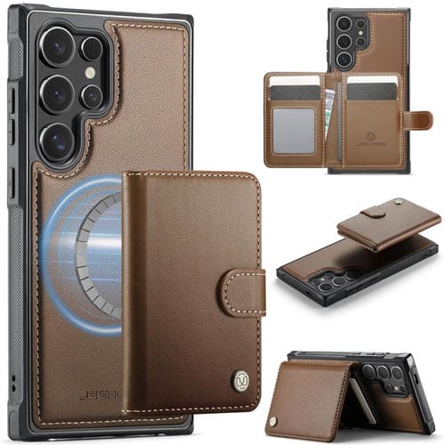 For Samsung Galaxy S25 Ultra 5G JEEHOOD J09 Buckle Card Bag MagSafe Magnetic Style RFID Leather Phone Case(Brown)