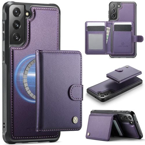 Funda de cuero con hebilla magnética para Samsung Galaxy S21 FE 5G JEEHOOD J09, con ranuras para tarjetas, estilo RFID y MagSafe (morado)