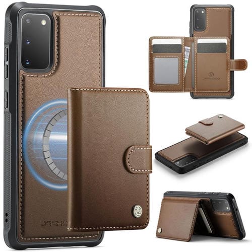 Funda de cuero con hebilla magnética para Samsung Galaxy S20 JEEHOOD J09, con ranuras para tarjetas, estilo MagSafe y RFID (marrón)