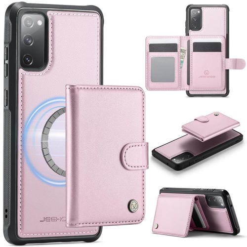 Funda de cuero con hebilla magnética para Samsung Galaxy S20 FE JEEHOOD J09, con ranuras para tarjetas, estilo RFID y MagSafe (rosa)