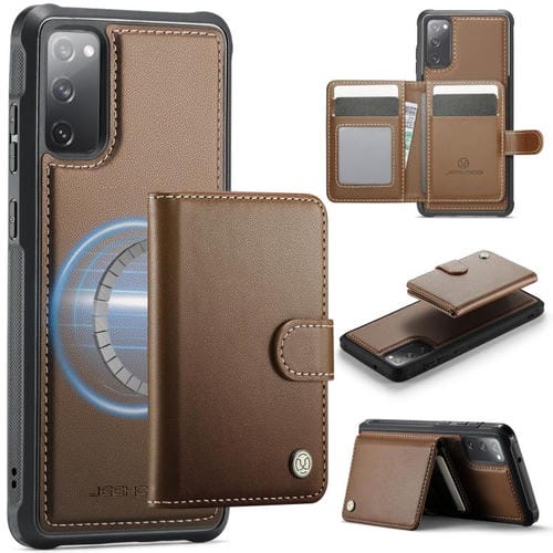 Funda de cuero con hebilla magnética para Samsung Galaxy S20 FE JEEHOOD J09, con ranuras para tarjetas, estilo RFID y MagSafe (marrón)