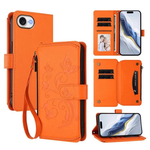 Funda de cuero con cremallera para iPhone 16e, diseño de mariposas, flores y amor (naranja)