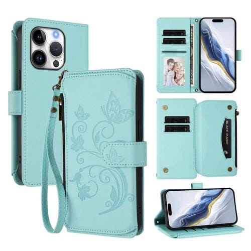 Funda de cuero con cremallera para iPhone 16 Pro, diseño de mariposas, flores y amor (verde menta)