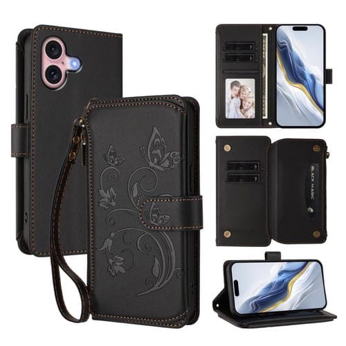 Funda de cuero con cremallera para iPhone 16 Plus, diseño de mariposas, flores y amor (negro)