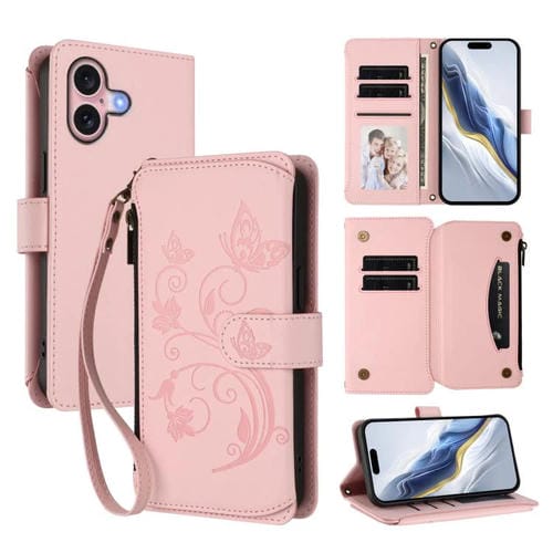 Funda de cuero con cremallera para iPhone 16, diseño de mariposas, flores y amor (rosa)