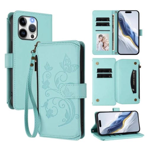 Funda de cuero con cremallera para iPhone 15 Pro Max, diseño de mariposas, flores y amor (verde menta)