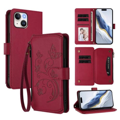 Funda de cuero con cremallera para iPhone 13 mini, diseño de mariposas, flores y amor, con múltiples tarjetas (rojo vino)
