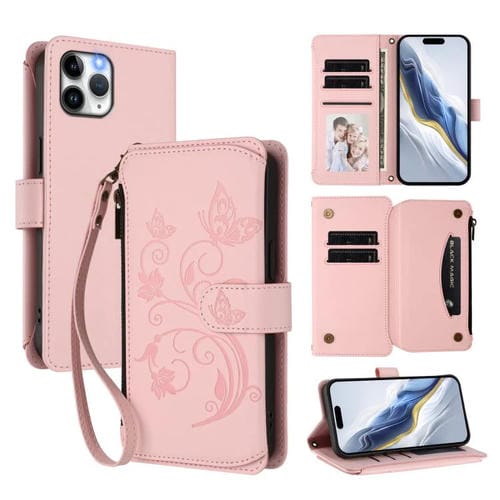 Funda de cuero con cremallera para iPhone 11 Pro Max, diseño de mariposas, flores y amor (rosa)
