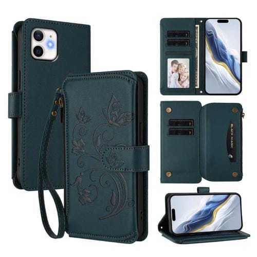 Funda de cuero con cremallera para iPhone 11, diseño de mariposas, flores y amor (verde oscuro)