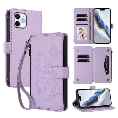 Funda de cuero con cremallera para iPhone 11, diseño de mariposas, flores y amor (morado claro)