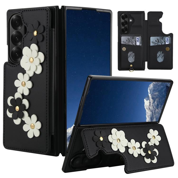 Funda de cuero con estampado floral para Samsung Galaxy Z Fold7 5G (negra)