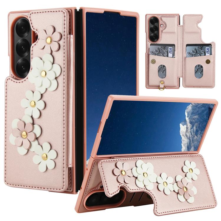 Funda de cuero con estampado floral para Samsung Galaxy Z Fold7 5G (oro rosa)