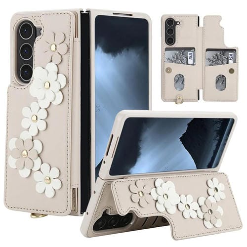 Funda de cuero con estampado floral para Samsung Galaxy Z Fold5 (blanca)