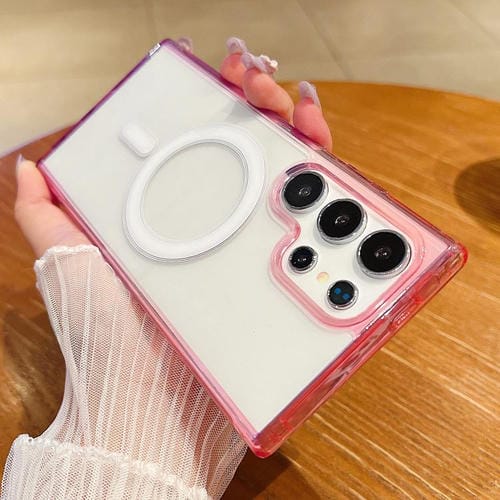 Funda MagSafe transparente con degradado de color en contraste para Samsung Galaxy S25 Ultra 5G (morado, rosa y morado claro)