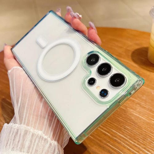 Funda MagSafe transparente con degradado de color en contraste para Samsung Galaxy S25 Ultra 5G (verde y azul)