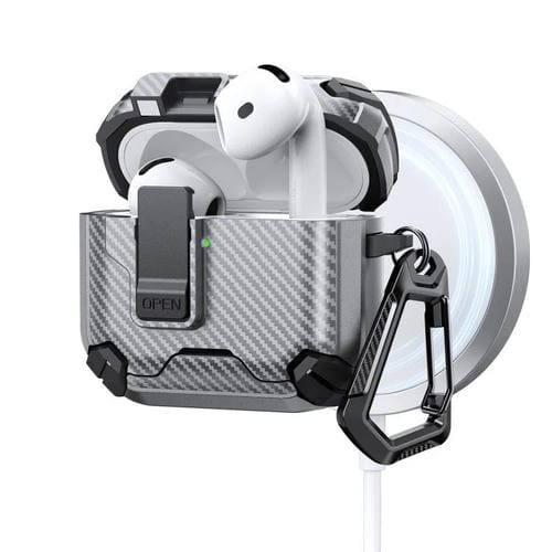 Estuche para AirPods 4 con soporte magnético MagSafe de dos colores y diseño de fibra de carbono (gris)