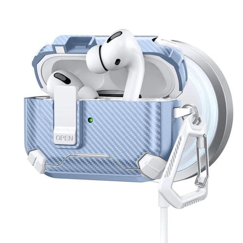 Estuche magnético MagSafe de dos colores con diseño de fibra de carbono para AirPods Pro 2 (blanco y azul claro)