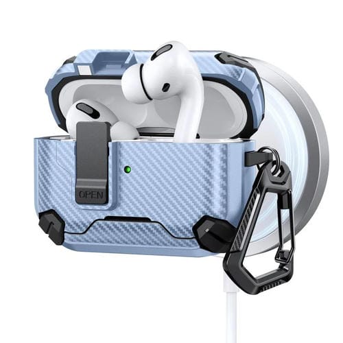Estuche magnético MagSafe de dos colores con diseño de fibra de carbono para AirPods Pro 2 (negro y azul)