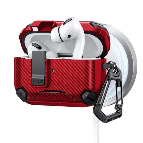 Estuche magnético MagSafe de dos colores con diseño de fibra de carbono para AirPods Pro 2 (rojo)