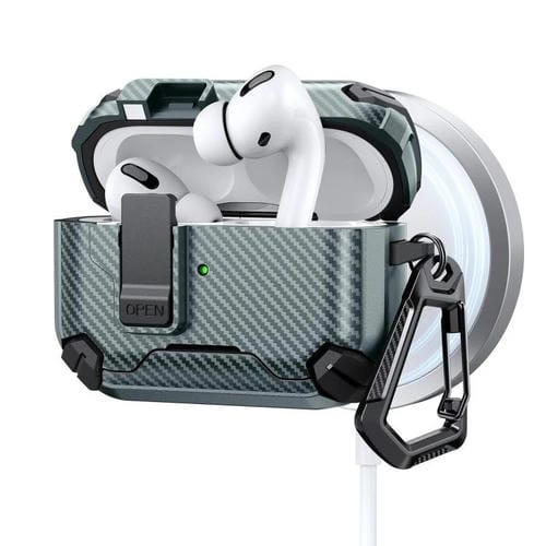 Estuche magnético MagSafe de dos colores con diseño de fibra de carbono para AirPods Pro 2 (verde)