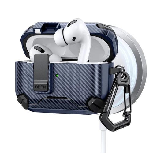 Estuche magnético MagSafe de dos colores con diseño de fibra de carbono para AirPods Pro (negro y azul oscuro)