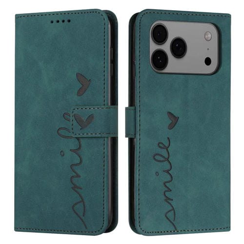 Funda de piel con relieve de corazón y cordón largo para iPhone 17 Pro Max (verde)