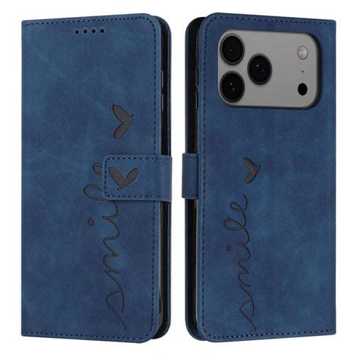 Funda de piel con relieve de corazón y cordón largo para iPhone 17 Pro Max (azul)