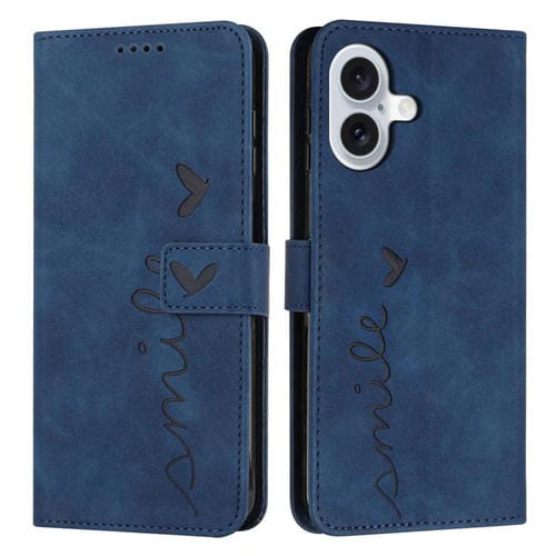 Funda de piel con relieve de corazón para iPhone 17 con cordón largo (azul)