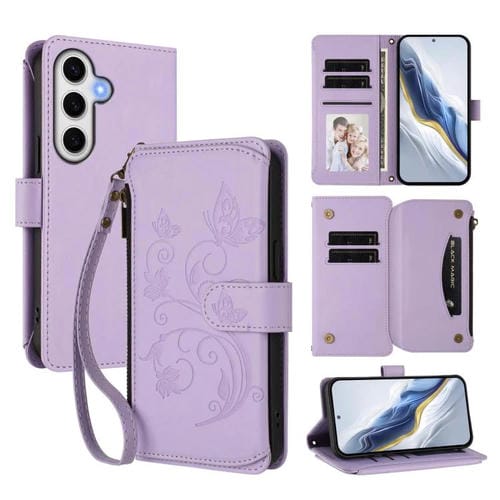 Funda de cuero con cremallera para Samsung Galaxy S24 FE 5G, diseño de mariposas, flores y amor, con múltiples tarjetas (morado claro)