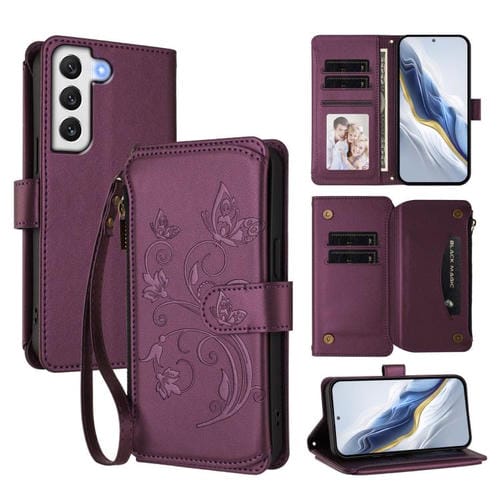 Funda de cuero con cremallera para Samsung Galaxy S21 FE 5G, diseño de mariposas, flores y amor, con múltiples tarjetas (morado oscuro)