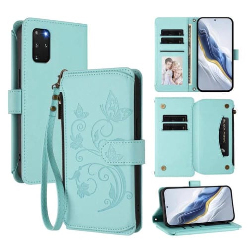 Funda de cuero con cremallera para Samsung Galaxy S20+, diseño de mariposas, flores y amor, con múltiples tarjetas (verde menta)