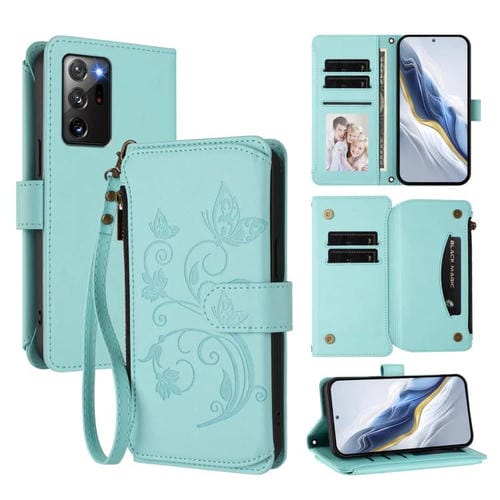 Funda de cuero con cremallera para Samsung Galaxy Note20 Ultra, diseño de mariposas, flores y amor, con múltiples tarjetas (verde menta)