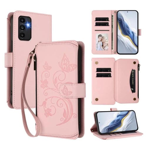 Funda de cuero con cremallera para Samsung Galaxy A13 4G / 5G / A04 4G, diseño de mariposas y flores, con múltiples tarjetas (rosa)