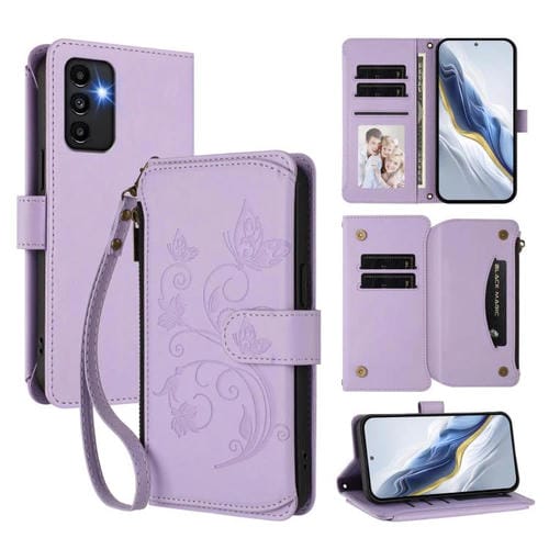 Funda de cuero con cremallera para Samsung Galaxy A13 4G / 5G / A04 4G, diseño de mariposas y flores, con múltiples tarjetas (morado claro)