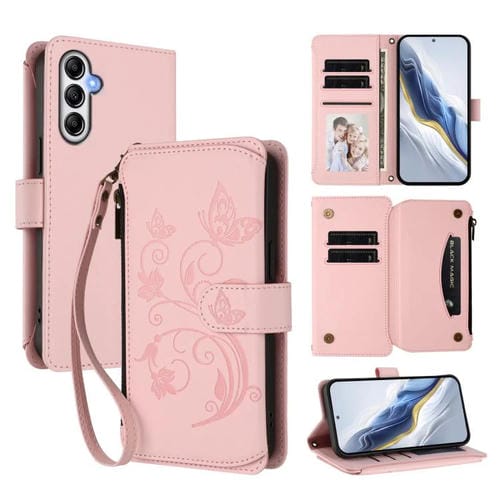 Funda de cuero con cremallera para Samsung Galaxy A14 4G/5G, diseño de mariposas, flores y amor, con múltiples tarjetas (rosa)