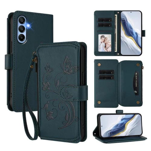 Funda de cuero con cremallera para Samsung Galaxy A15 4G/5G, diseño de mariposas, flores y múltiples tarjetas (verde oscuro)