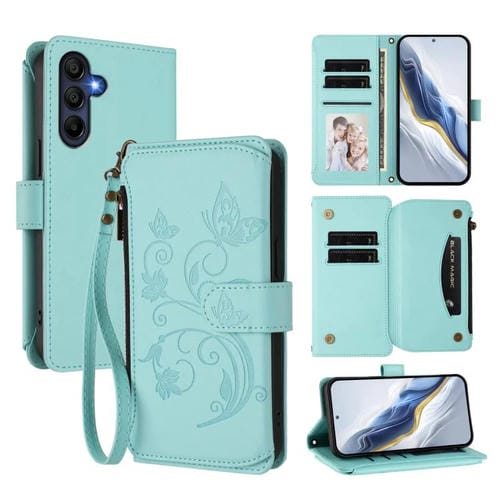 Funda de cuero con cremallera para Samsung Galaxy A16 4G/5G, diseño de mariposas, flores y amor, con mĂșltiples tarjetas (verde menta)