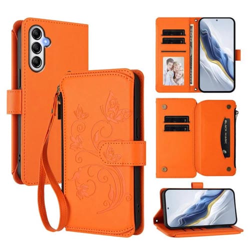 Funda de cuero con cremallera para Samsung Galaxy A35 5G, diseño de mariposas, flores y amor, con mĂșltiples tarjetas (naranja)