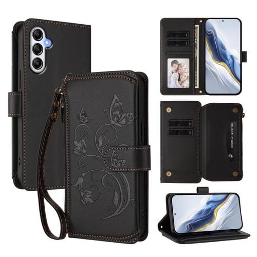 Funda de cuero con cremallera para Samsung Galaxy A35 5G, diseño de mariposas, flores y mĂșltiples tarjetas (negro)