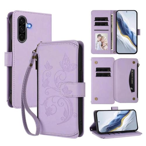Funda de cuero con cremallera para Samsung Galaxy A36 5G / A56 5G, diseño de mariposas, flores y amor, con mĂșltiples tarjetas (morado claro)