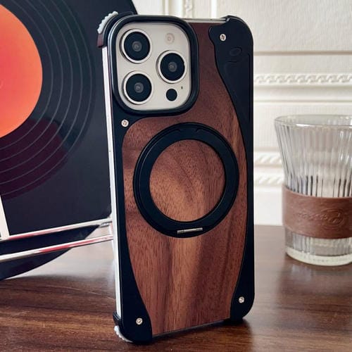 Funda de metal sin marco para iPhone 15 Pro, color nogal, con rotación de 360 grados y soporte MagSafe (negro)