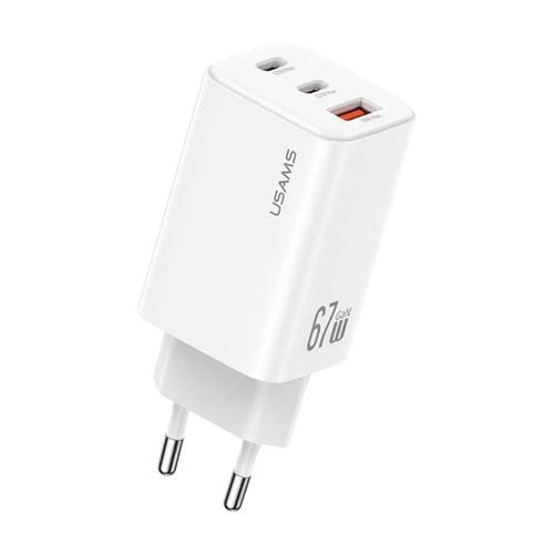 Cargador mini rápido USAMS CC265 de 67 W GaN, 2 puertos USB tipo C, con triple puerto, enchufe UE (blanco)
