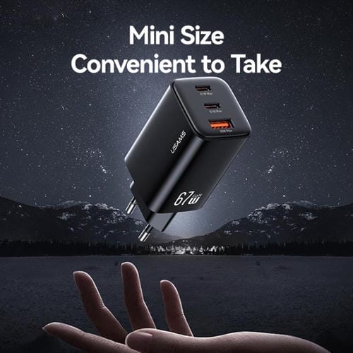 Cargador mini rápido USAMS CC265 de 67 W GaN, 2 puertos USB tipo C, con triple puerto, enchufe UE (negro)