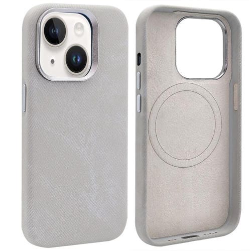 Funda VIETAO de cuero sintético con textura vaquera retro MagSafe para iPhone 14 (gris plateado)