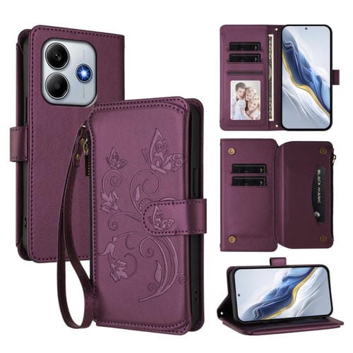 Funda de cuero con cremallera para Redmi Note 14 4G, 164,84 mm, diseño de mariposas y flores, con múltiples tarjetas (morado oscuro)